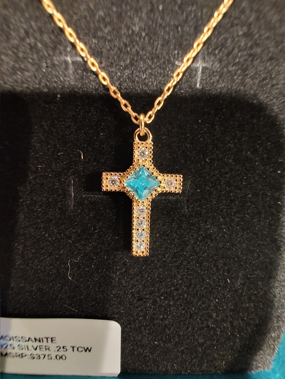 Moissanite Cross Necklace with Blue Center Gem, 925 Silver Plated In 14k Gold